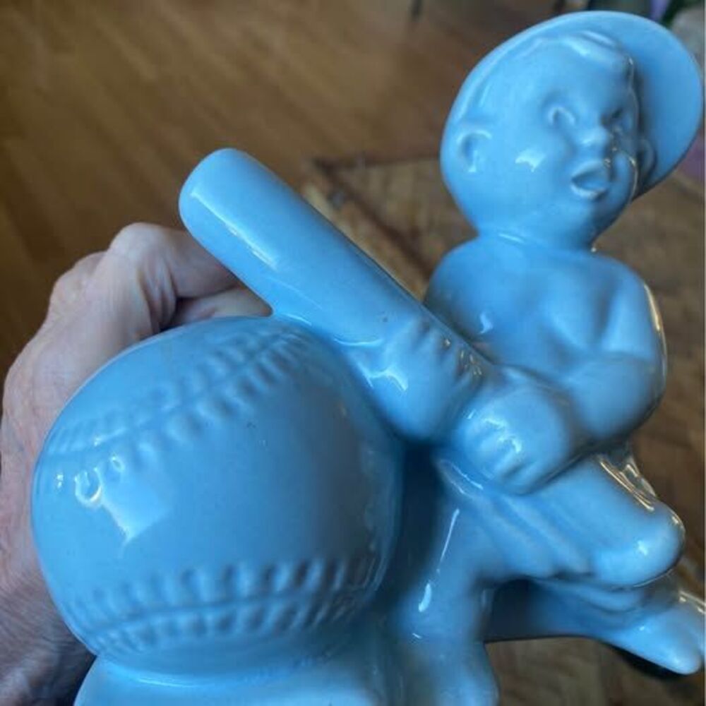 Vintage 1950s Haeger Pottery Blue Baseball Boy Planter - Mint Condition